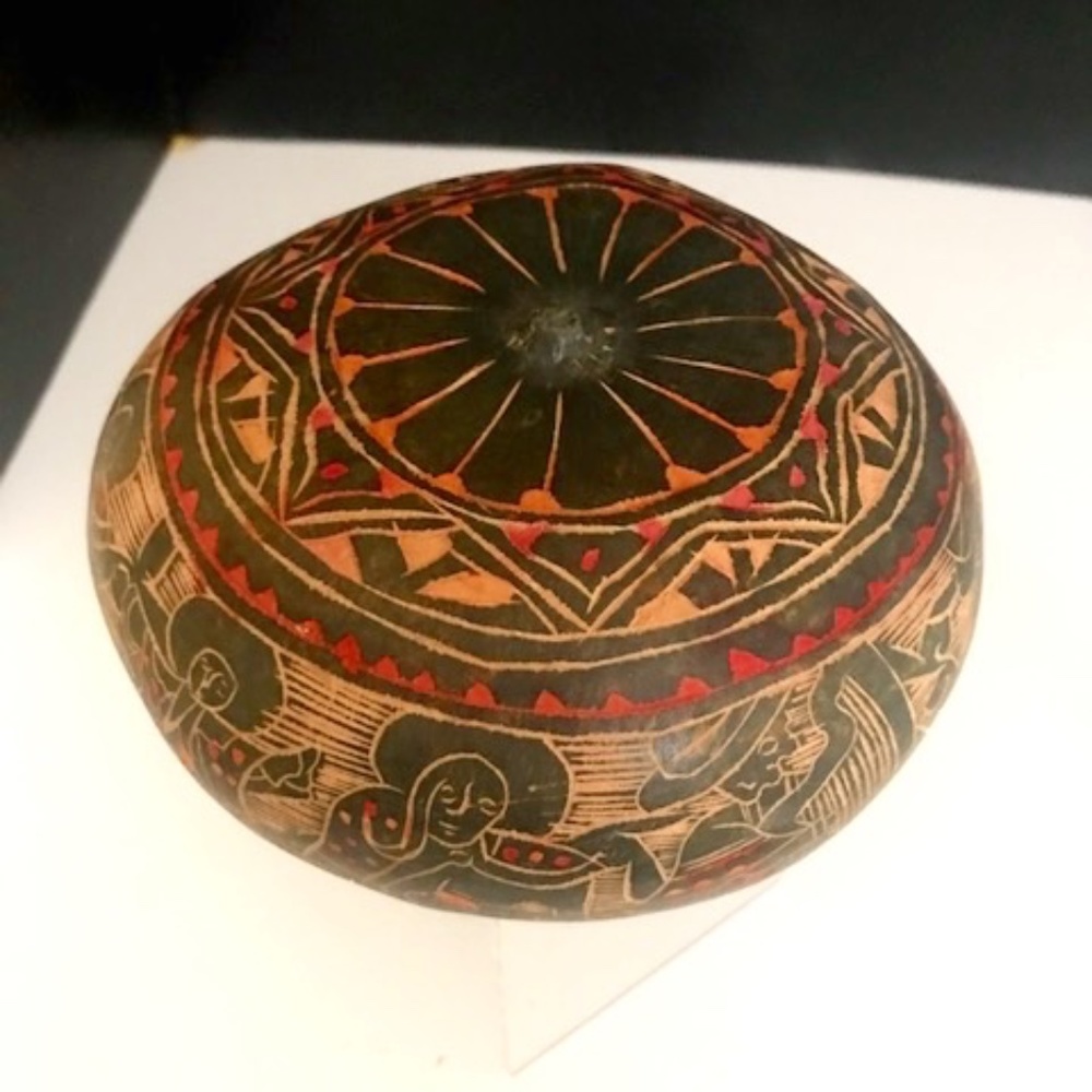 Carved Gourd Decor Piece in Black, Tan, Coral